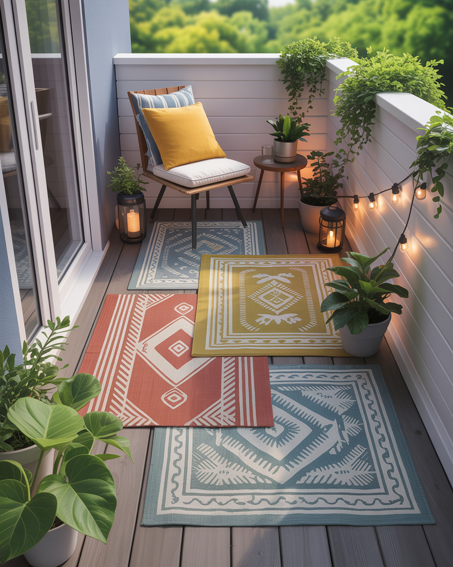  Layered rugs on a small balcony, adding texture and warmth to the outdoor space.