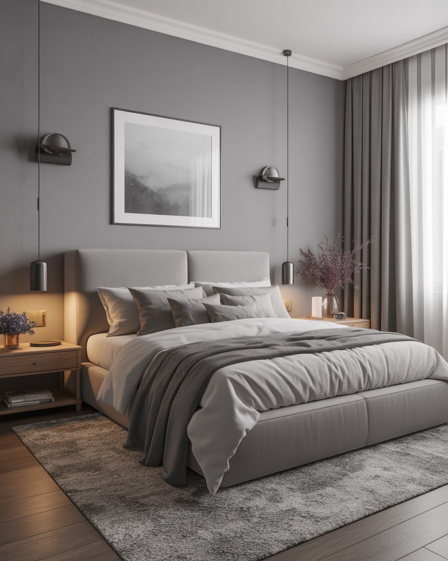 Calm and cozy bedroom with various shades of gray creating a serene atmosphere.