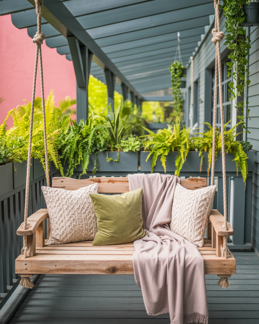 Hanging rope bench styled with soft textures