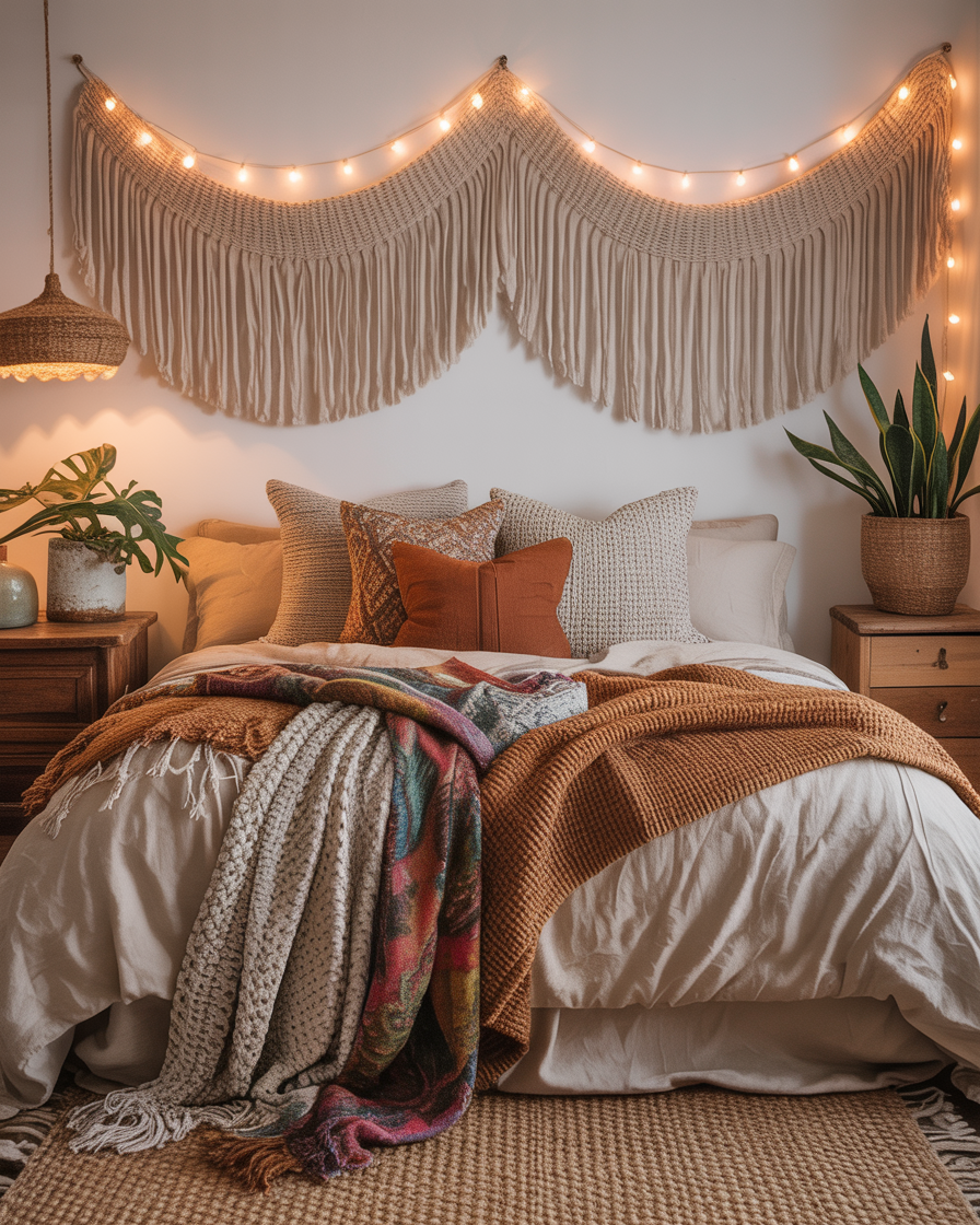Boho bedroom with playful fringe curtains adding fun and movement to the space.
