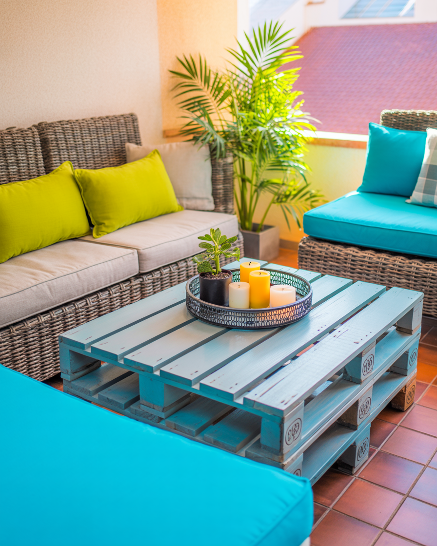 Rustic DIY pallet table styled on a cozy balcony