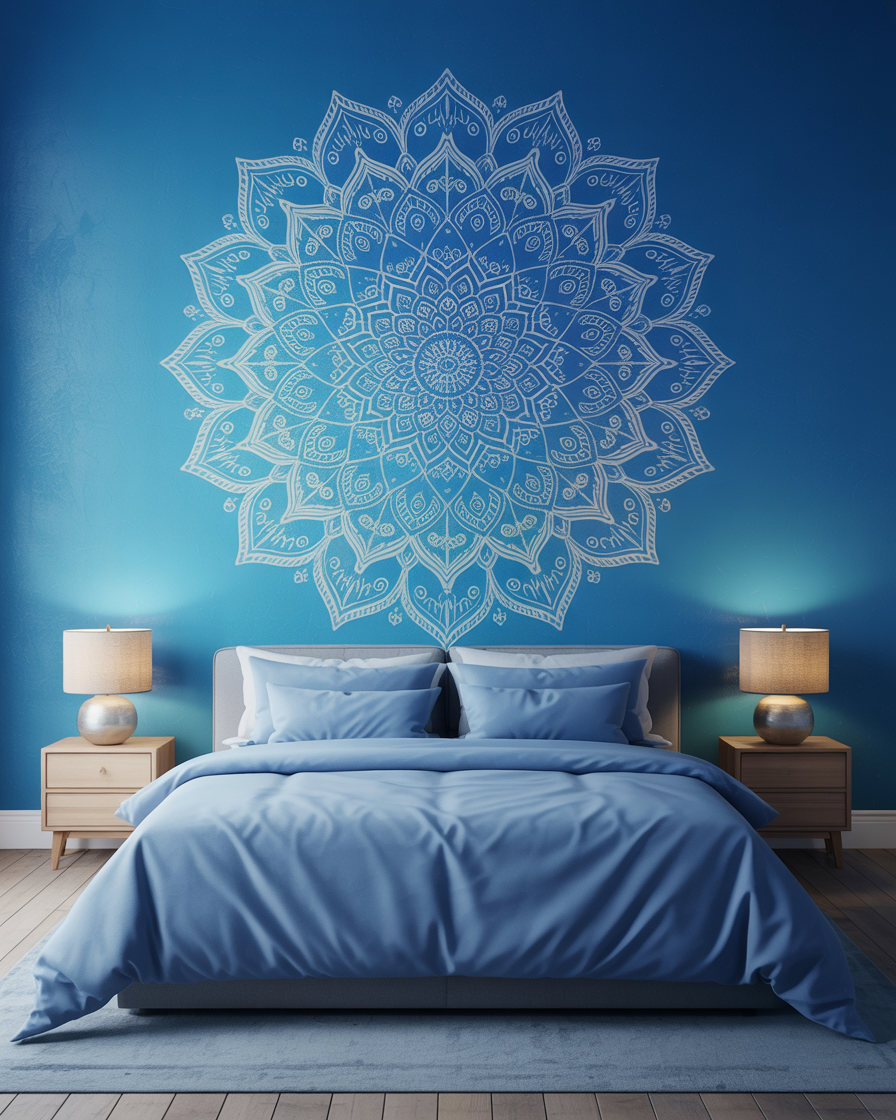 A bold blue bedroom with a stunning mandala wall art, soft blue bedding, and minimalist furniture for a balanced boho design.