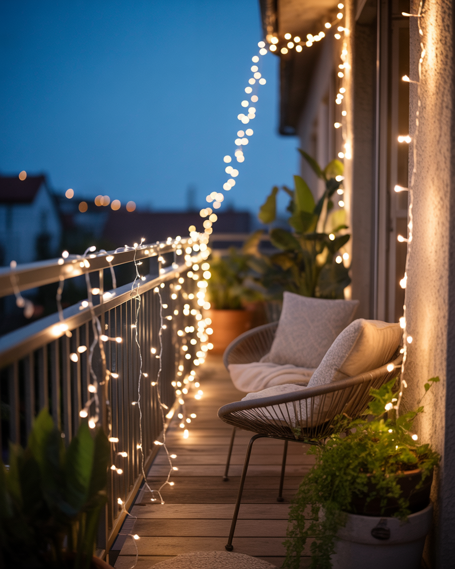 Balcony lit up with string lights, creating a cozy and romantic ambiance.