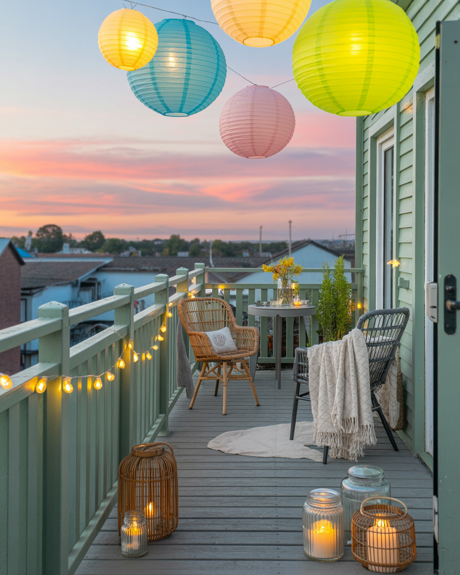 Dreamy balcony with glowing string lights and lanterns
