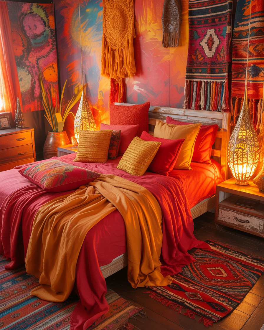 A passionate salsa-inspired boho bedroom with bold colors and flowing fabrics.