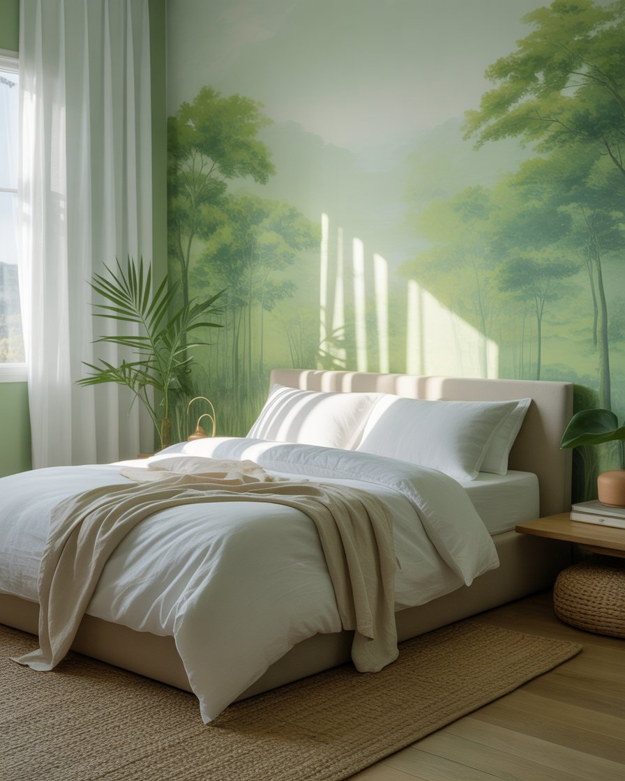 A refreshing bedroom with soft green and white tones, creating a bright and peaceful space.