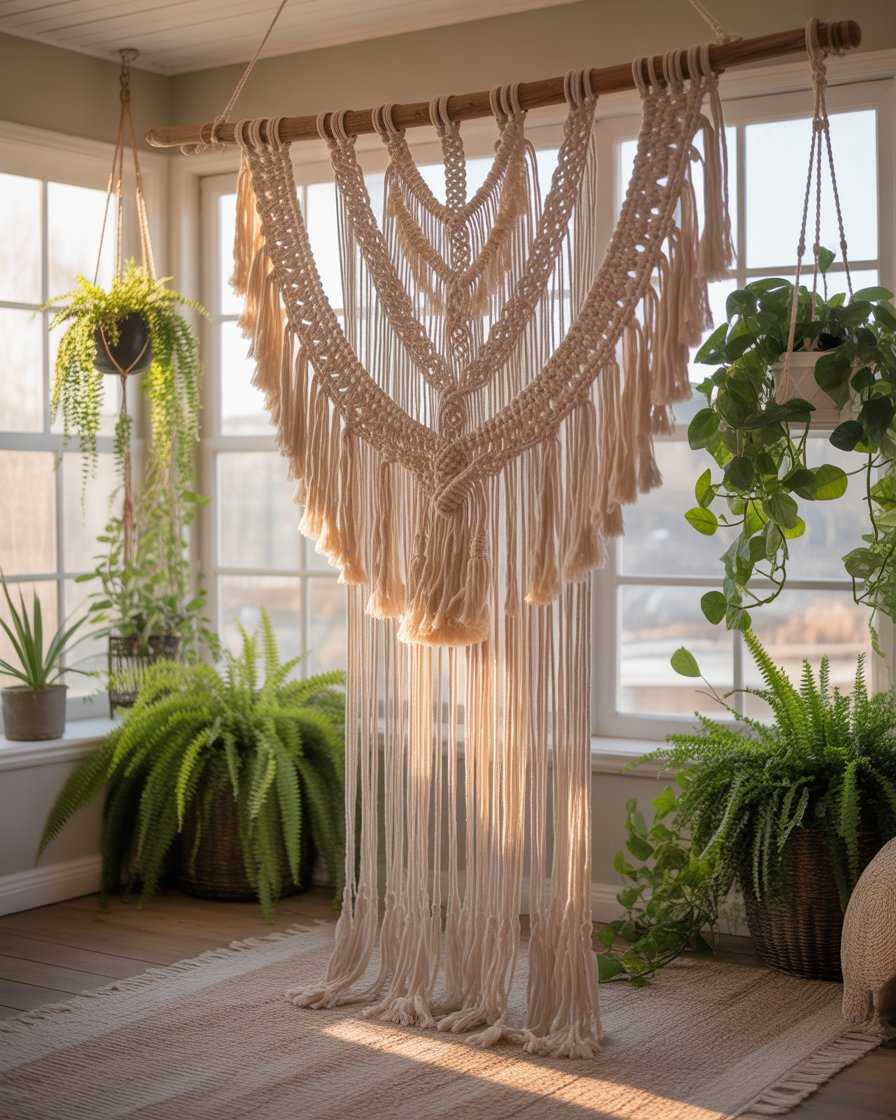Boho sunroom with macramé wall hanging and plants.