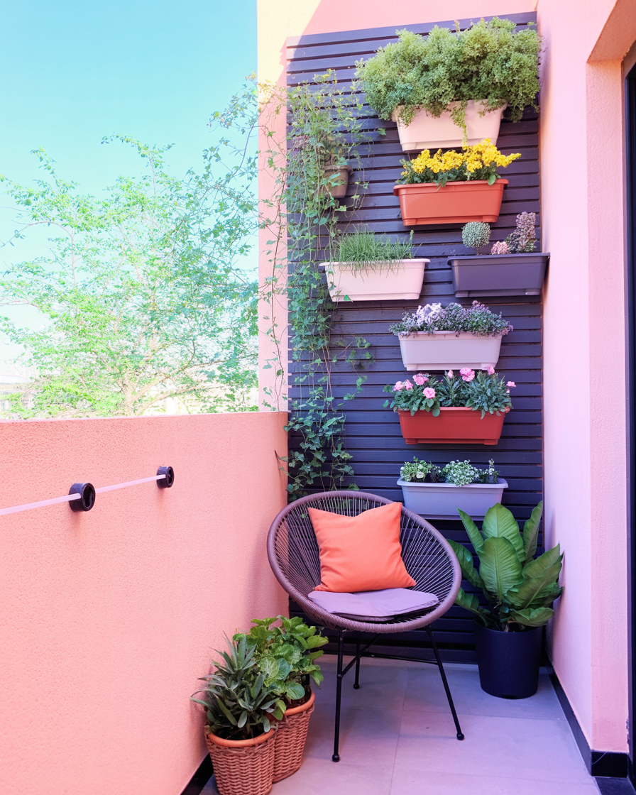 Vertical garden setup on a small balcony with trailing plants and vibrant flowers.