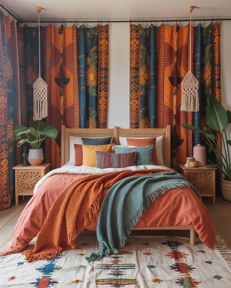 Boho bedroom with bold-patterned curtains adding an artistic flair to the space.