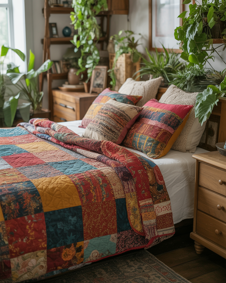 Cozy boho bedroom with patchwork bedding and wooden furniture.