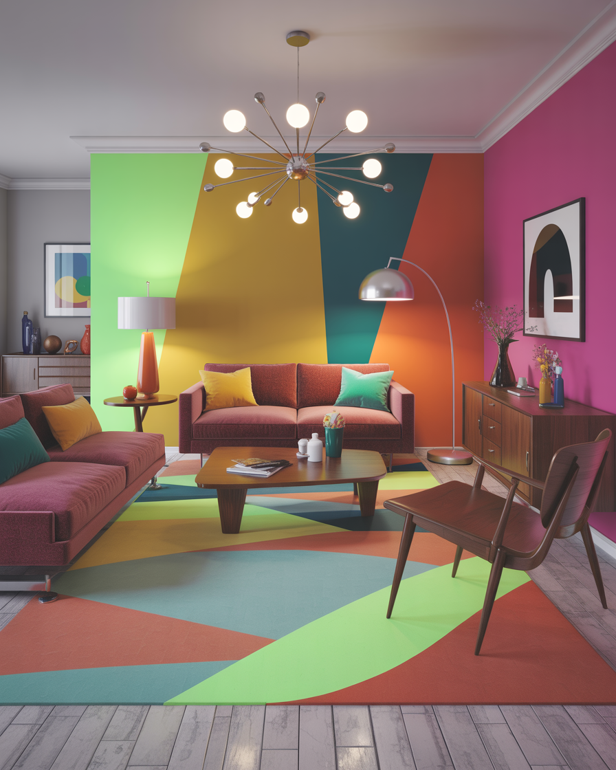 Vintage-inspired living room with mid-century modern furniture and bold retro patterns for a fun, eclectic look.