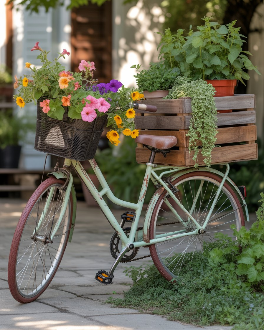 Recycled bicycle planter filled with flowers in a boho garden.