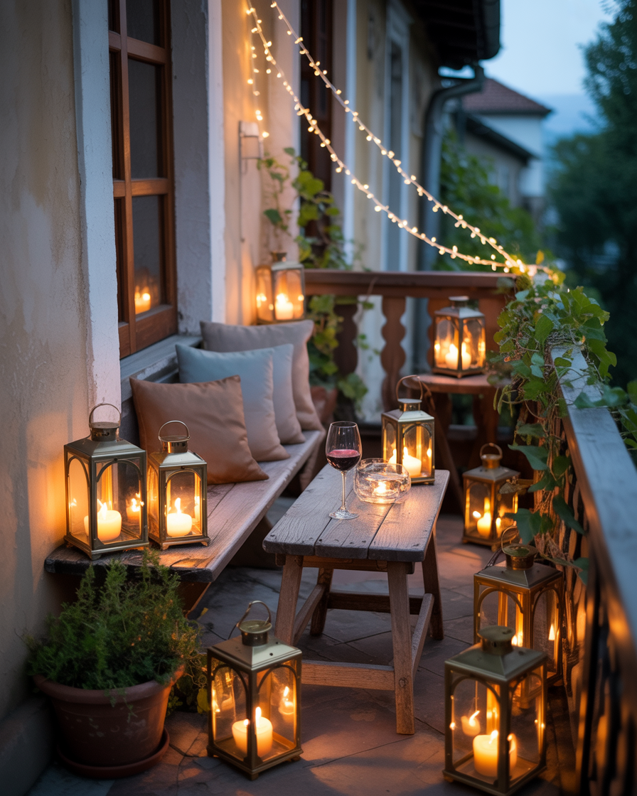 Romantic balcony setup with candlelit lanterns casting a warm, flickering glow.