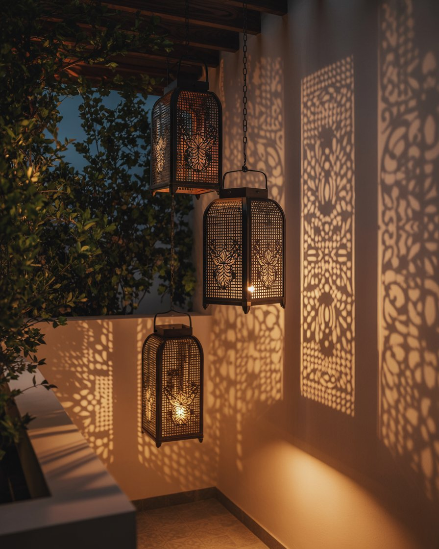 Romantic balcony with hanging lanterns, adding elegance and charm to the space."