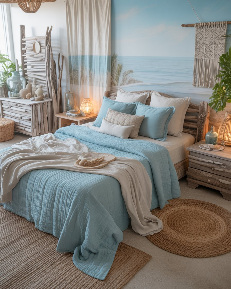 Coastal-inspired boho bedroom with beachy décor and soft blues.