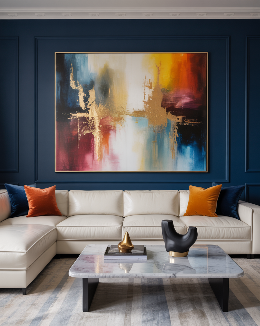 Living room with a navy blue statement wall and soft neutral furniture, accented with modern artwork.