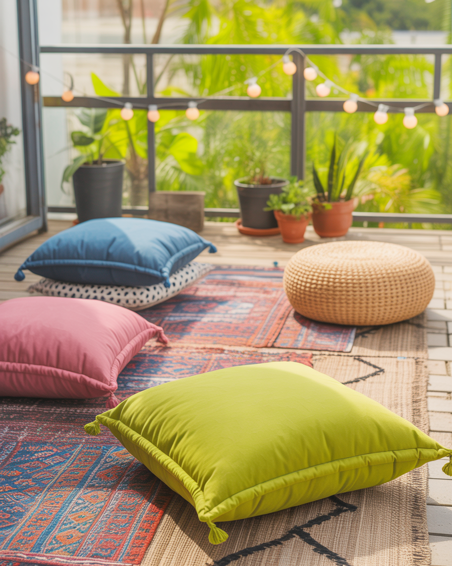 Boho balcony setup with layered cushions and glowing lights