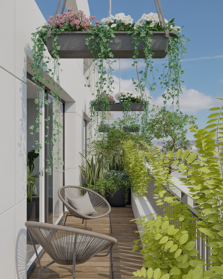 Hanging planters on a balcony with trailing vines and flowers
