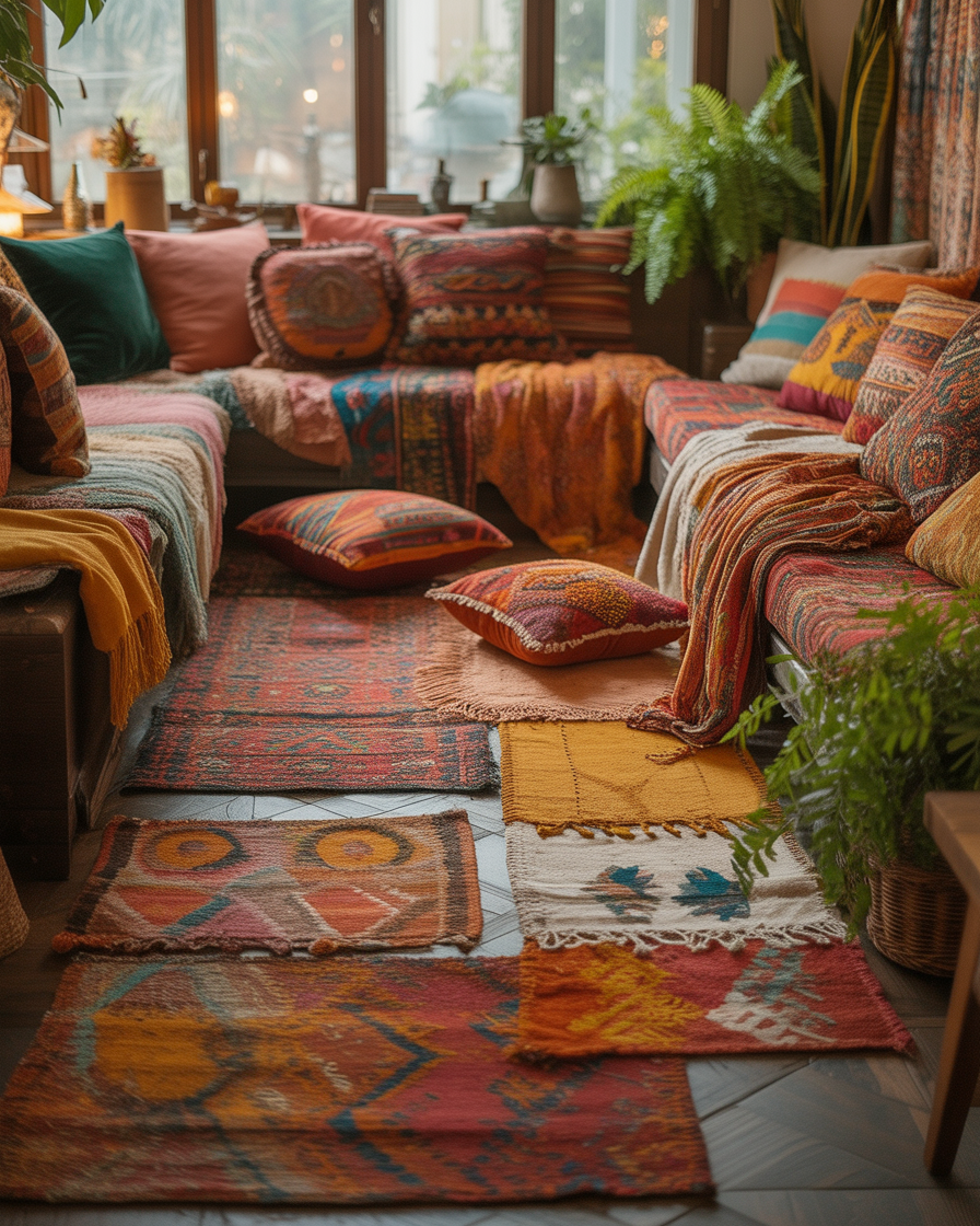  Cozy boho sunroom with layered rugs and throw pillows.