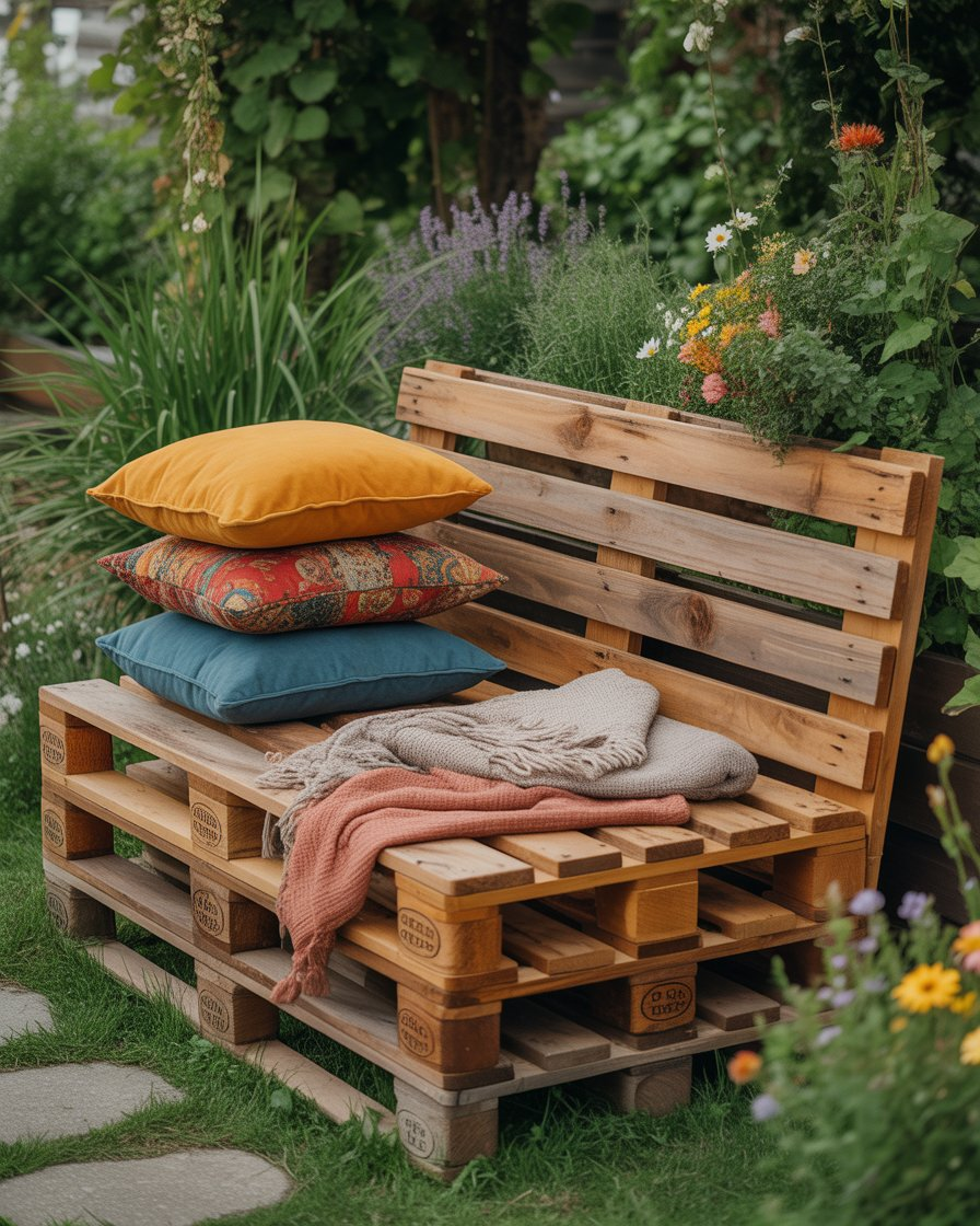 Wooden pallet bench with cushions in a boho garden.