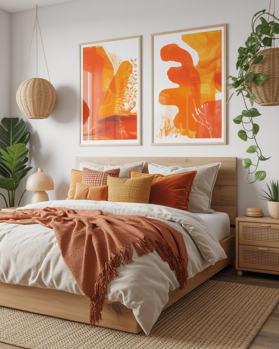 A boho bedroom featuring abstract orange art prints to enhance the decor.