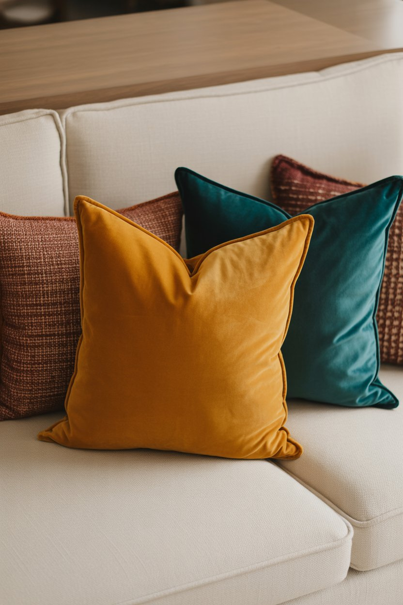 A sofa adorned with vibrant, patterned throw pillows adds personality and charm to the living room.