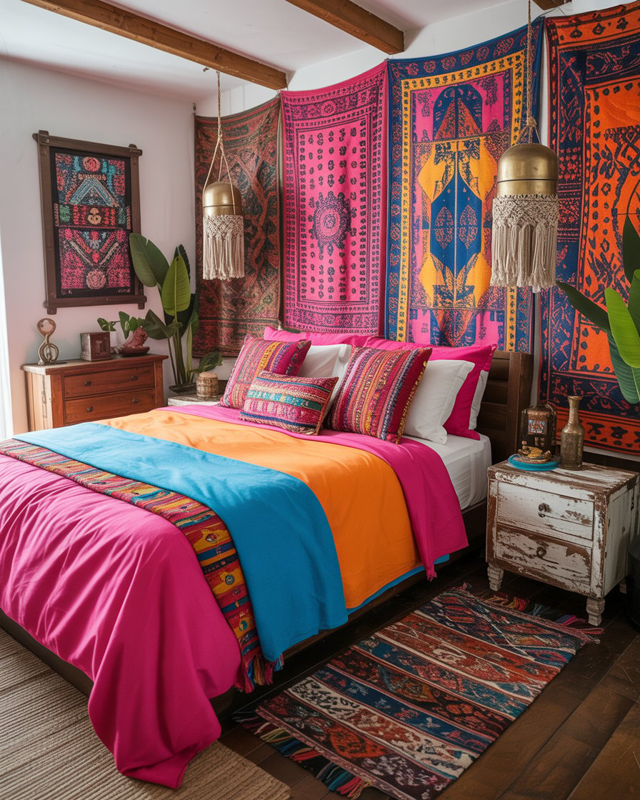 A colorful boho bedroom with electric hues and ethnic prints for a global vibe.