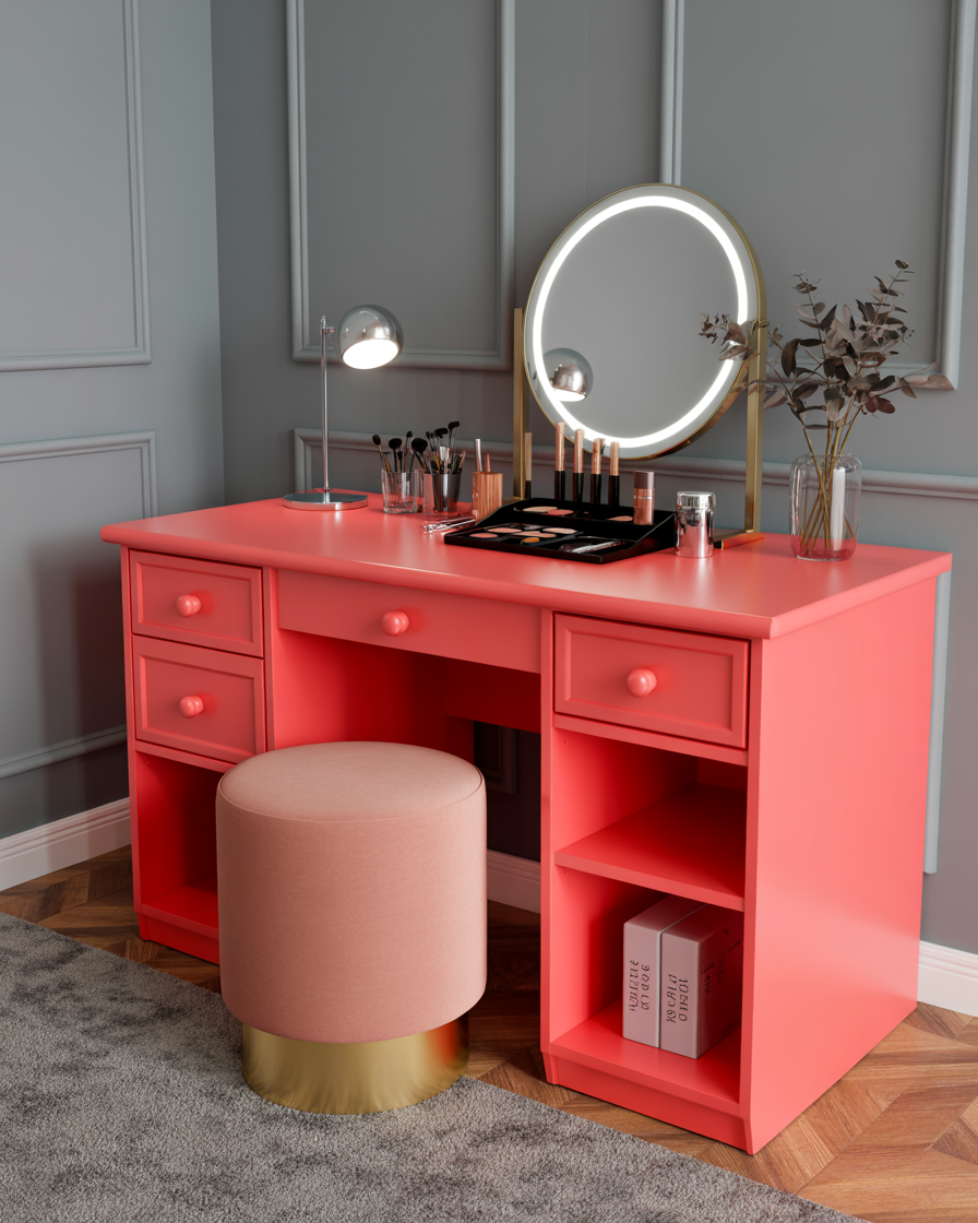 Blush pink painted desk turned into feminine vanity setup