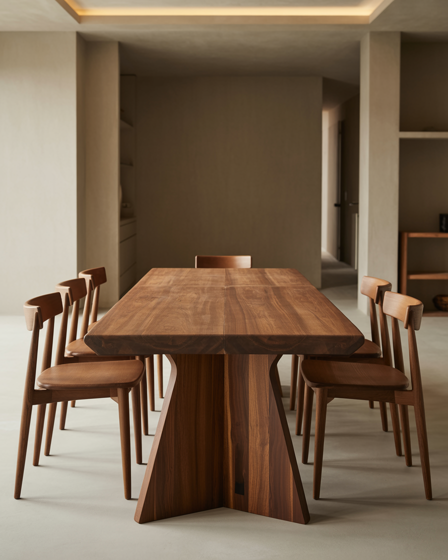 Mid-century modern trestle dining table with angular base and wooden top in a chic dining room.