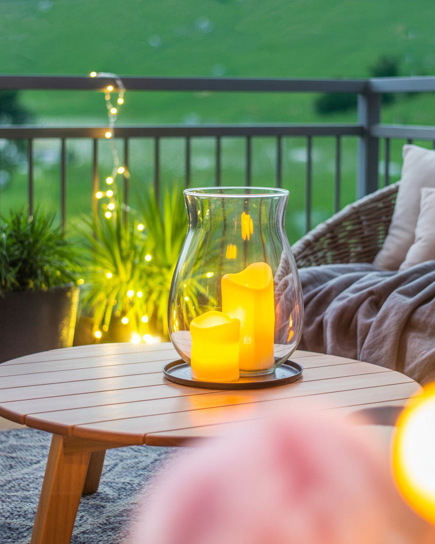 Balcony with LED candles and soft decor creating a magical night feel