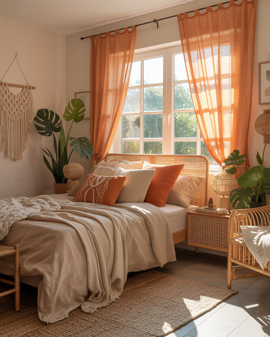 A boho bedroom with soft orange curtains allowing warm light to fill the room.