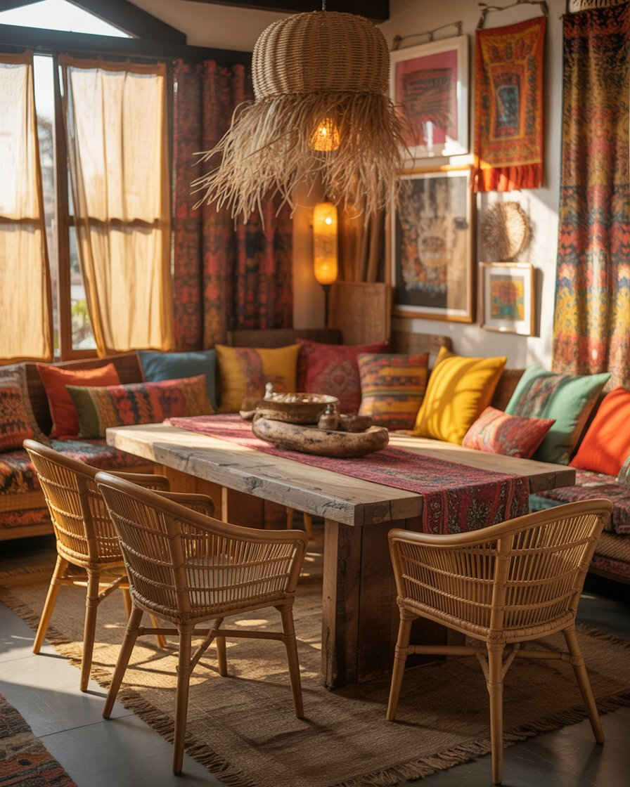 Apartment dining area with coastal charm, featuring light furniture and beachy accents."