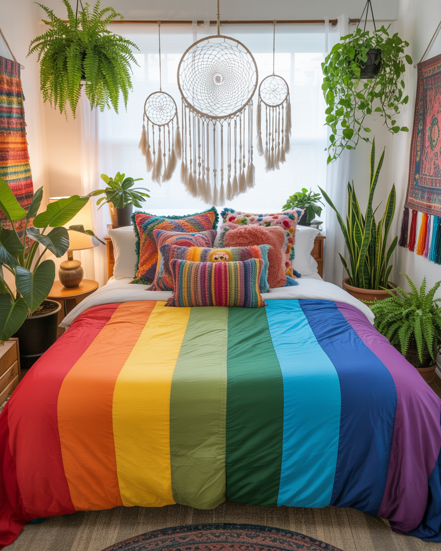 Rainbow-themed boho bedroom with vibrant bedding and dreamcatchers.