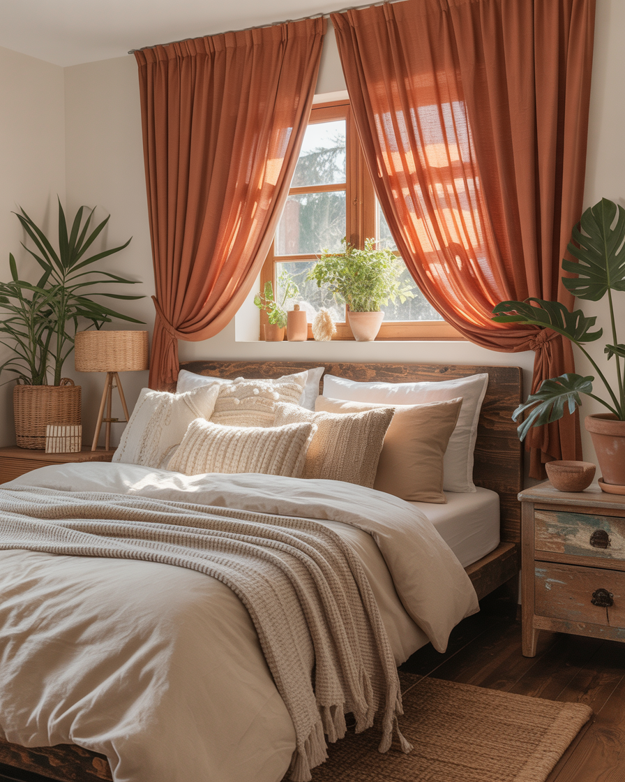 Earthy-toned terracotta curtains in a boho bedroom create a warm, cozy vibe.