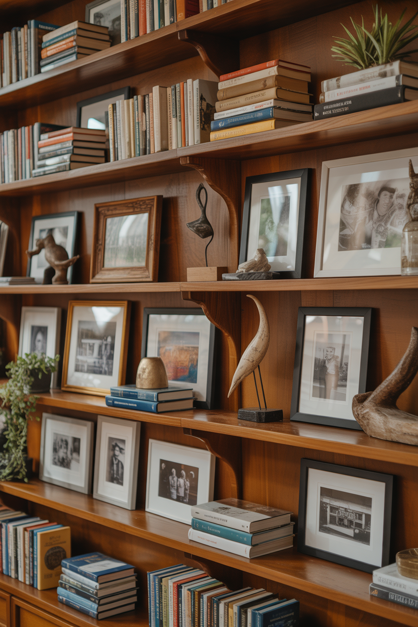Floating shelves filled with personal items like books, photos, and sculptures create an eclectic touch in the room.