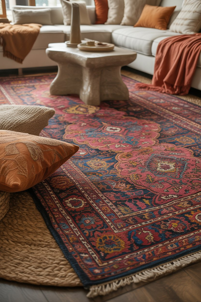 Layered rugs in varying textures create a cozy, inviting atmosphere in the eclectic living room.