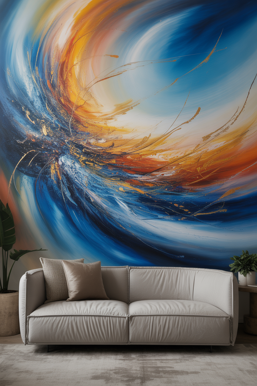 A striking abstract painting adds a pop of color and personality to the room, creating an artistic ambiance.