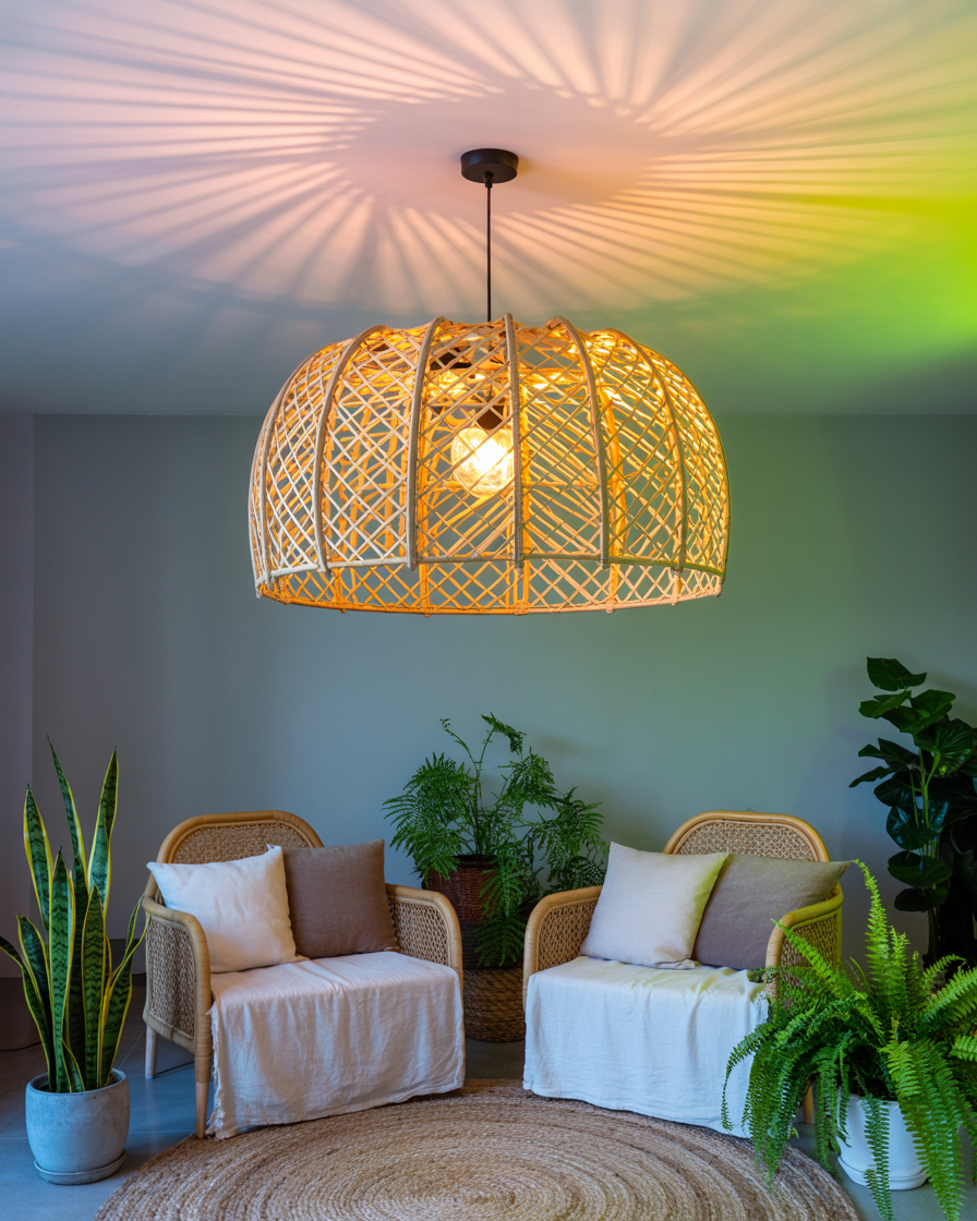 Rattan pendant light illuminating cozy balcony corner