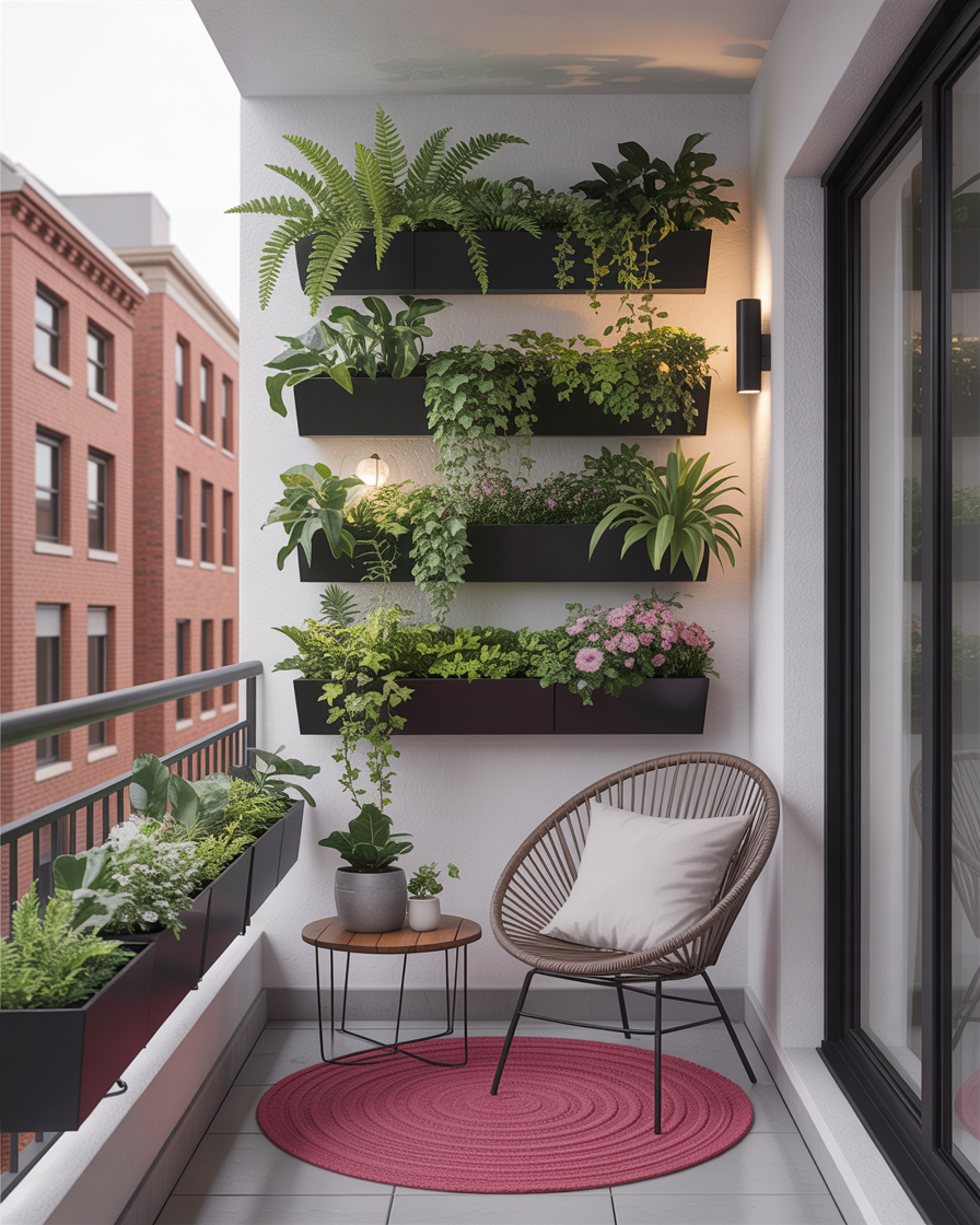 Small balcony with a vertical garden filled with hanging planters and vibrant greenery.