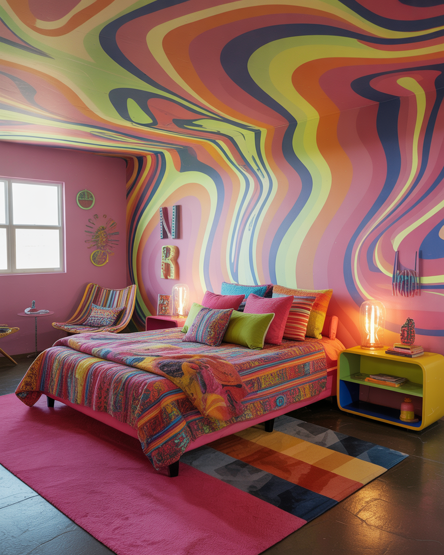 A psychedelic boho bedroom with bright colors and funky decor creating a creative, energetic atmosphere.
