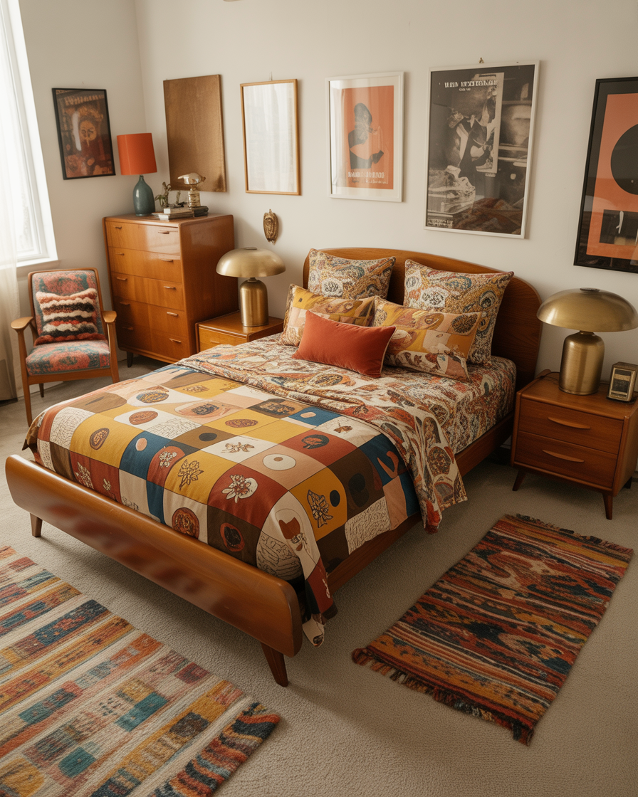Vintage-inspired boho bedroom with eclectic furniture and patterns.