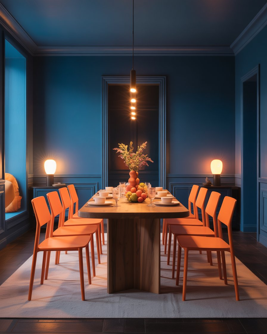 Sophisticated dark blue dining room with lively orange seating, ideal for entertaining.