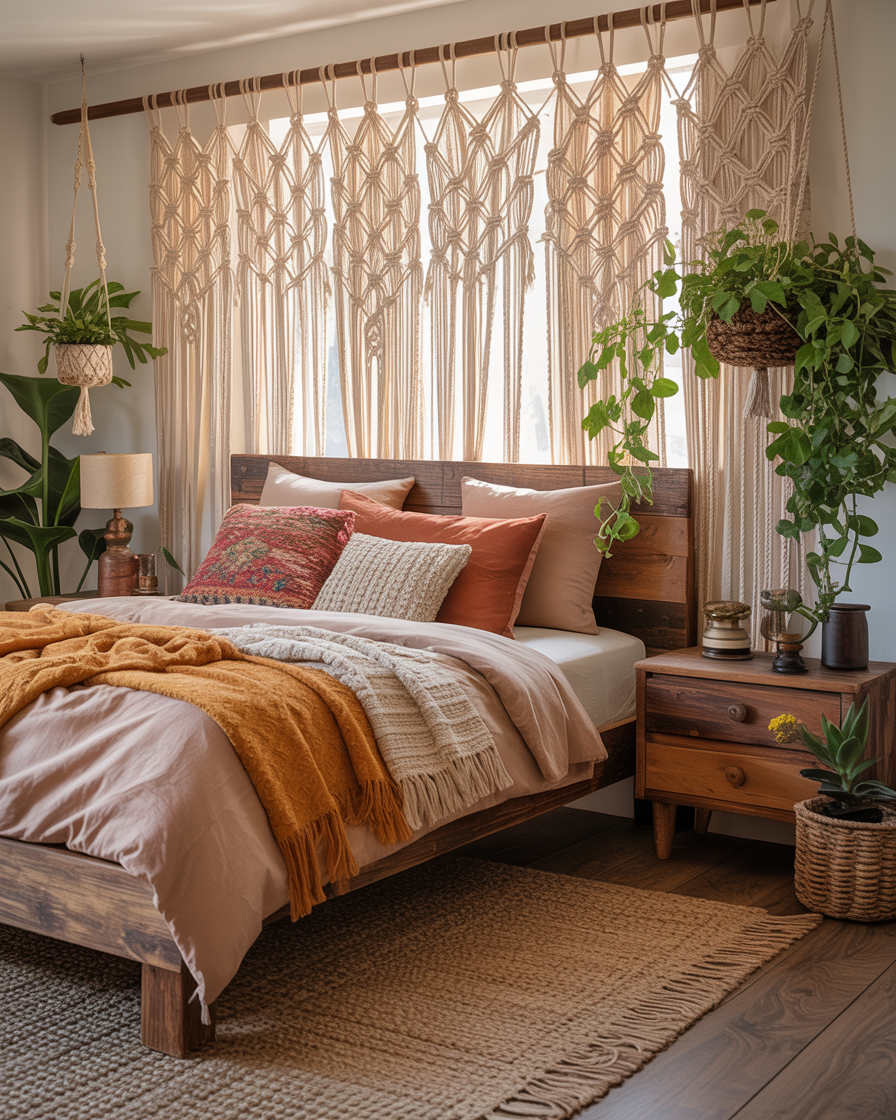Boho bedroom with macramé curtains featuring intricate designs, adding texture and elegance.