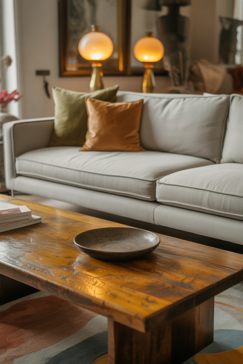 Combining modern furniture with vintage elements creates a warm, timeless atmosphere in the room.