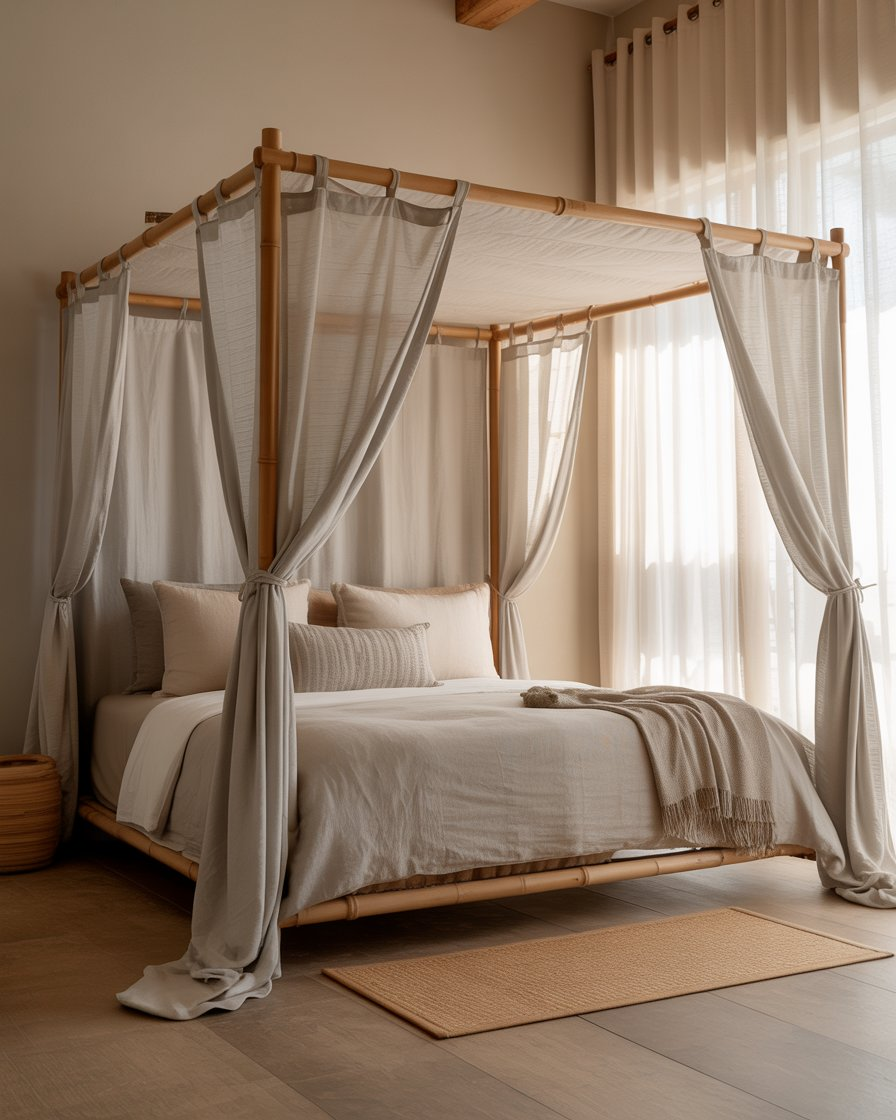 Calming zen canopy bed with light fabric and simple wooden frame.
