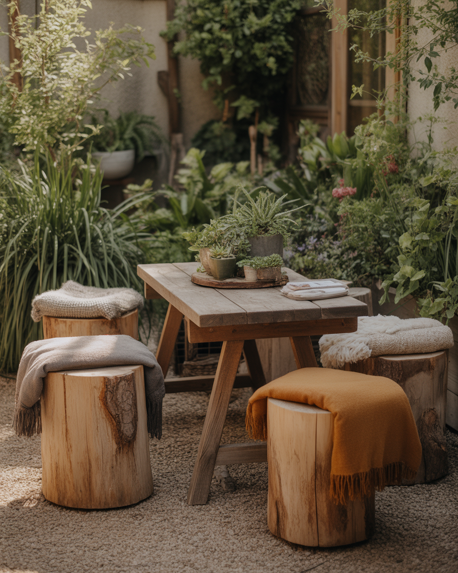 Wooden log stump seats with cushions in a boho garden.