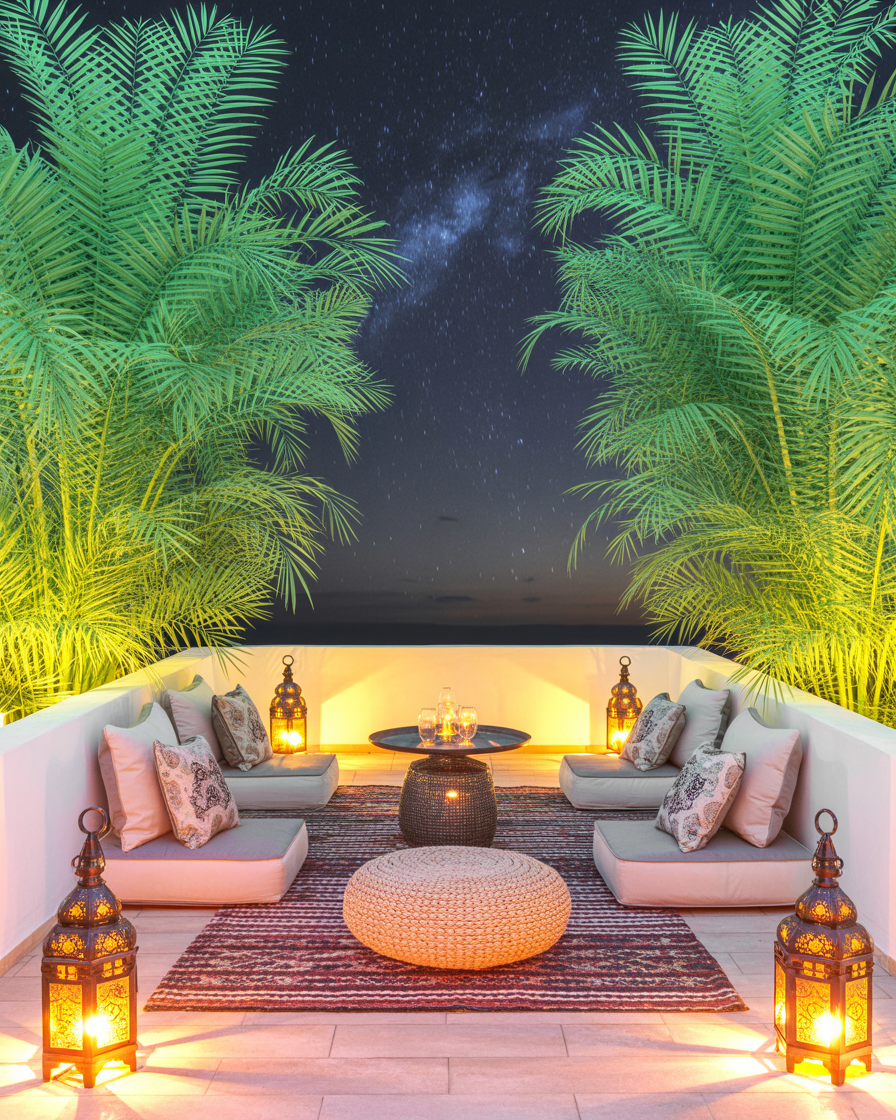 Romantic balcony with glowing lanterns and ambient night lighting