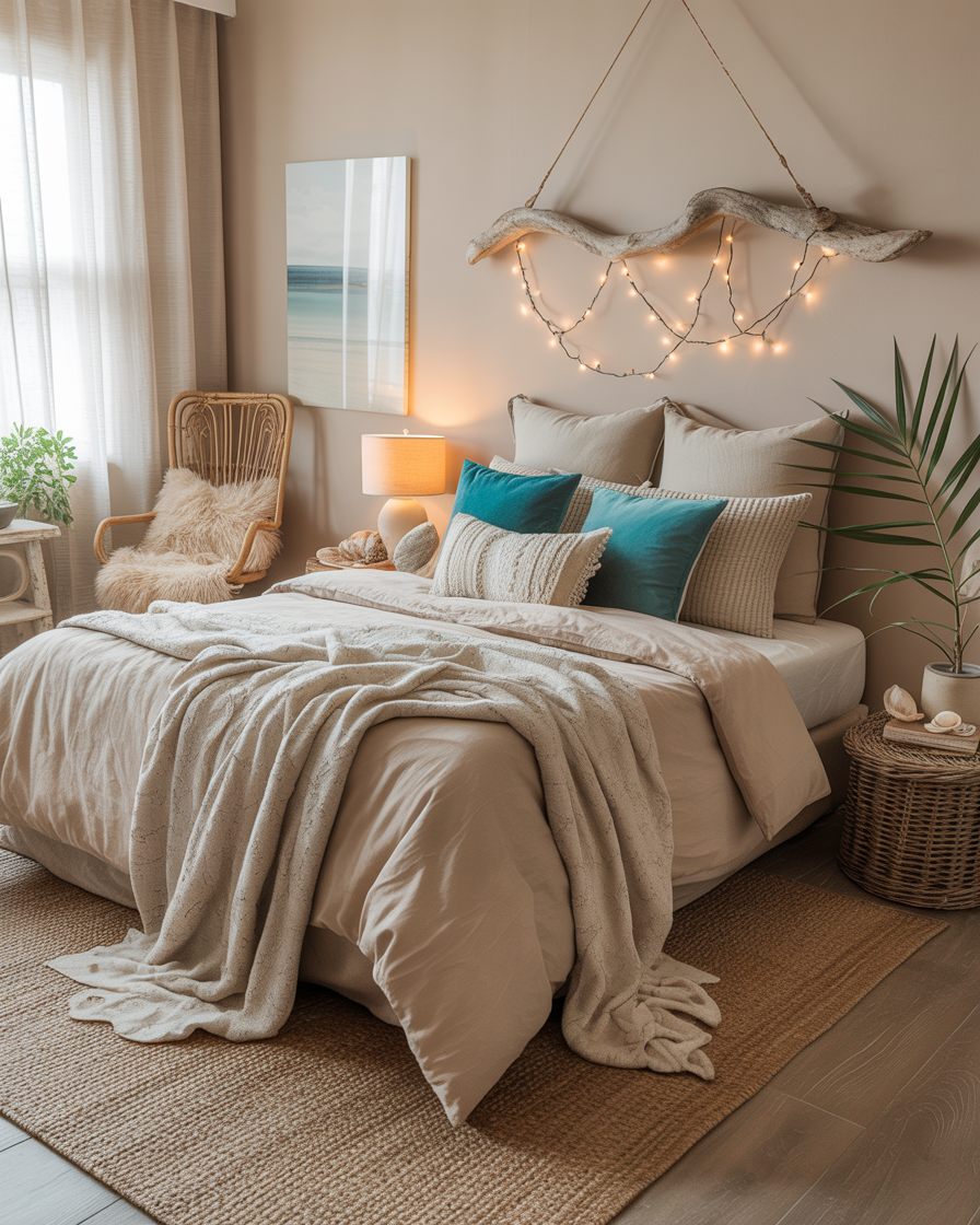 A boho coastal bedroom with a neutral color scheme and pops of turquoise decor.