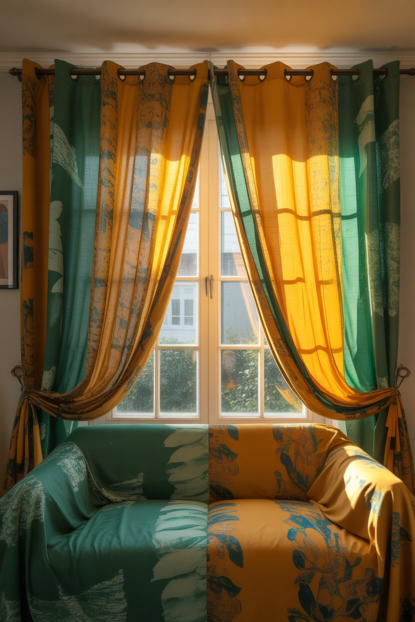 Vibrant, patterned curtains in jewel tones add a pop of color and drama to the living room.