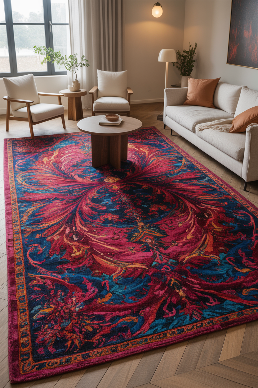 A bold, colorful rug with intricate patterns creates a focal point in the eclectic living room.